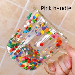 Double Layer Glass Cup With Handle (Option: Pink handle)